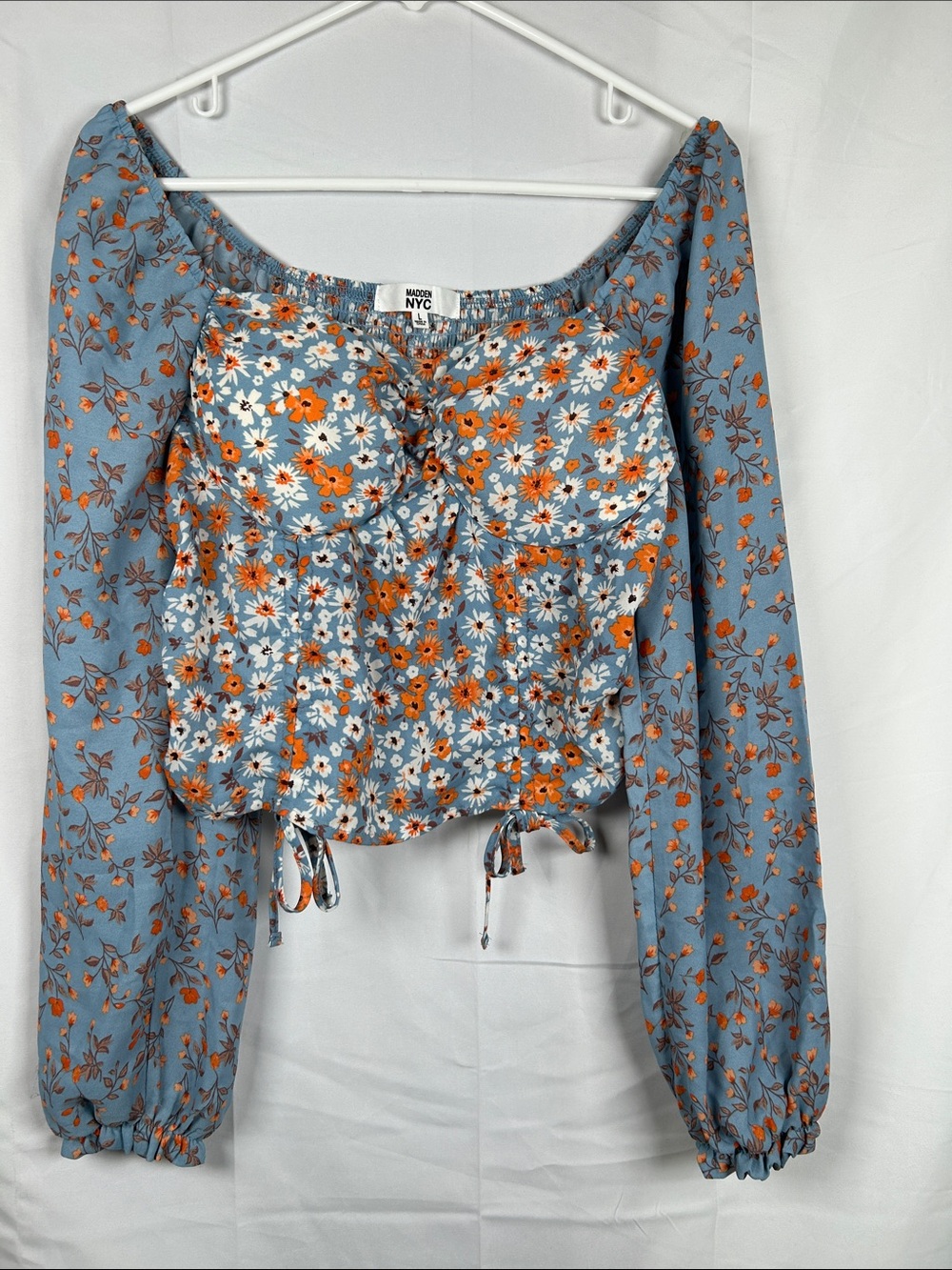 Madden Floral Peasant Blouse Juniors Large Blue Orange Tie Wide Sleeves